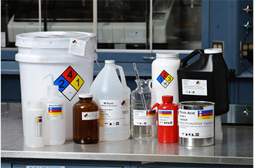 Various hazardous materials, all properly labeled according to NFPA 704 standards.