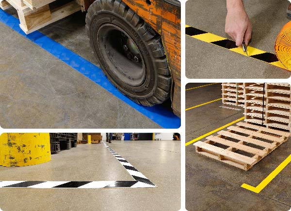 A collage of images featuring ToughStripe Max floor tape.