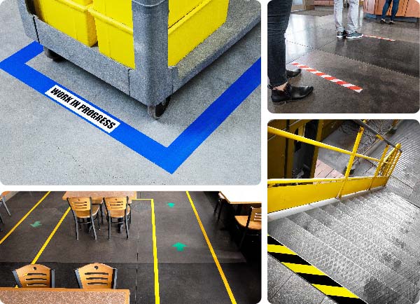 A collage of images featuring ToughStripe Vinyl floor tape.