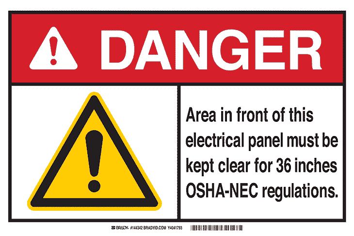 An ANSI Z535 compliant sign warning Danger in front of an electrical panel.
