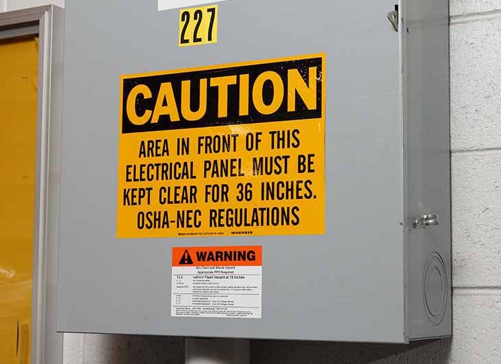 Example of a caution sign on an electrical panel. It says 'Caution: Area in front of this electrical panel must be kept clear for 36 inches. OSHA-NEC Regulations.'