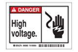 A sign with an electric shock pictogram that says "Danger - High voltage."