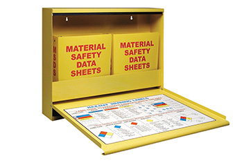 A wall mounted case filled with bright yellow safety data sheet binders.