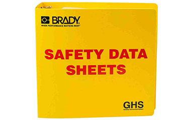 An example of a Safety Data Sheet binder that is yellow with red text.