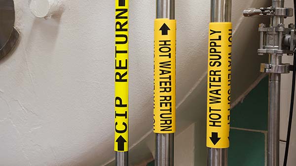 Three pipes with bright yellow labels. They say "CIP return," "Hot water return," and "Hot water suppy."
