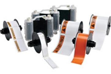 Printable arc flash label stock rolls and black ribbon cartridges.