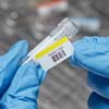 A barcoded label being applied to a lab vial.