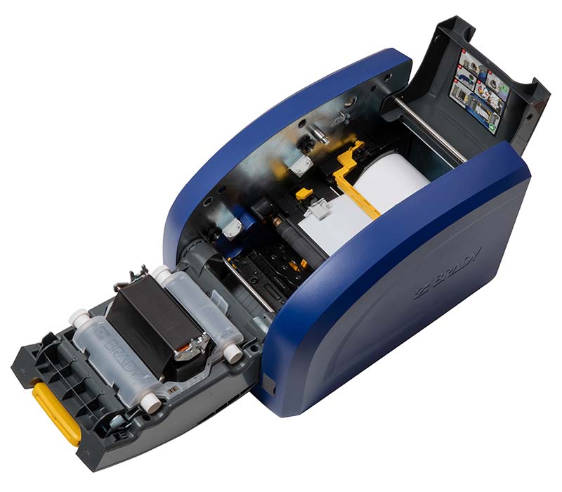 The i5300 Brady printer. The hatch is open, showing the components inside.