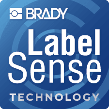 A brady label sense label indicating the use of label sense smart technology.