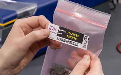 A label with a barcode being applied to a product.