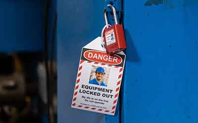 A padlock with a warning tag.