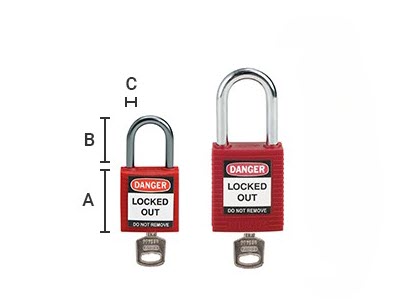 A = Body size, B = Shackle Height, C = Shackle Diameter