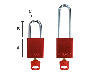 A = Body size, B = Shackle Height, C = Shackle Diameter