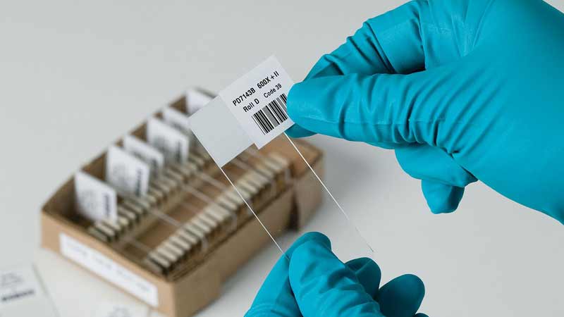 A close-up view of a scientist attaching a durable Brady barcode lab label to a microscope slide.