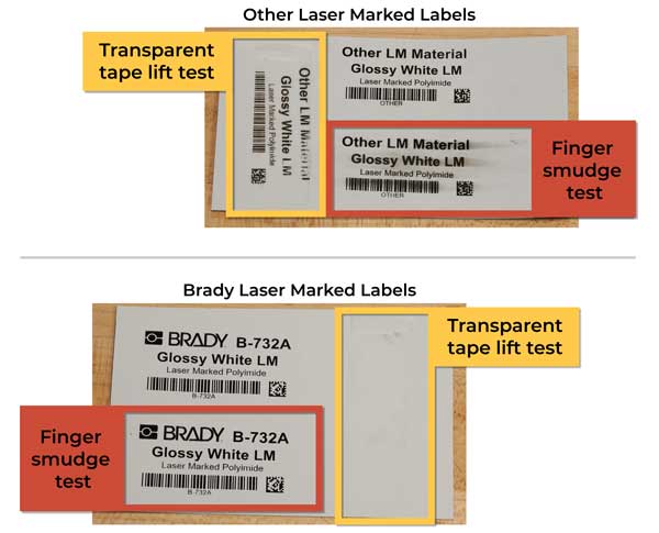 Brady Laser Markable Label vs. Competitor Laser Markable Label Smudge and Debris Comparison