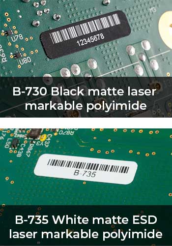 Brady laser markable labels in black and white for PCB applications
