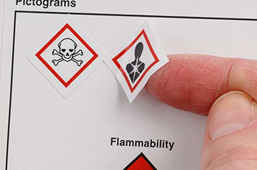A person applying HazCom pictograms to a label.