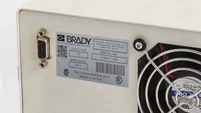 A Brady metallized polyester label applied to the back of a piece of equipment to identify it location, serial number and other information.