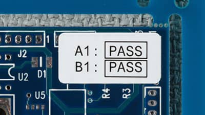 A Brady ultra-thin high temperature label applied to a circuit board.