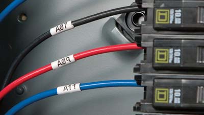 Black, red and blue cables labeled within an electrical panel.