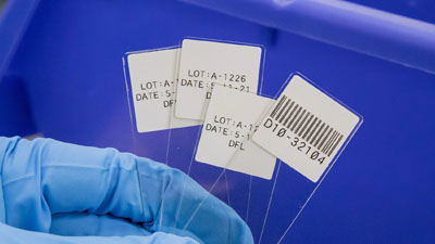 A lab technician holding several slides with white Stainerbonz labels, some with text and one also with a printed barcode.