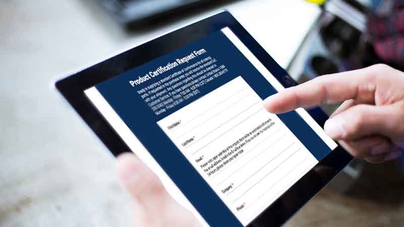 A form to fill out to receive product certification.