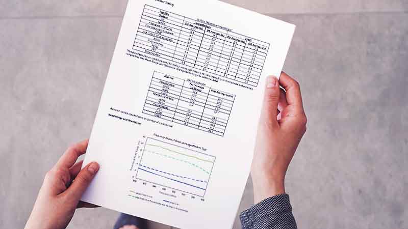 A technical data sheet showing tables with testing data.