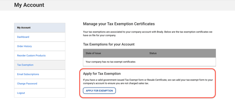 locations on the site where you can apply for tax exemptions