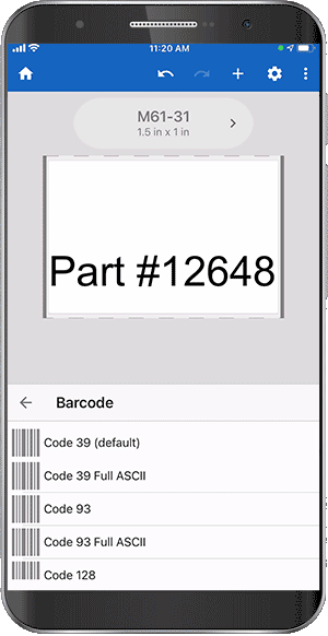 Animated gif showing the addition of a barcode to a text label using the app.