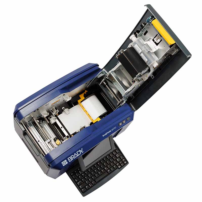 The S3700 Brady printer. The hatch is open, showing the components inside.