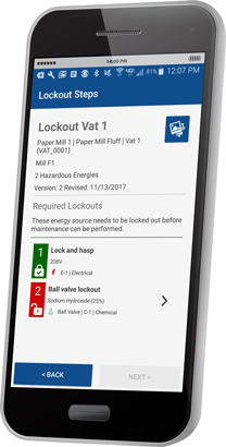 A lockout procedure step shown in the Smart Lockout app.